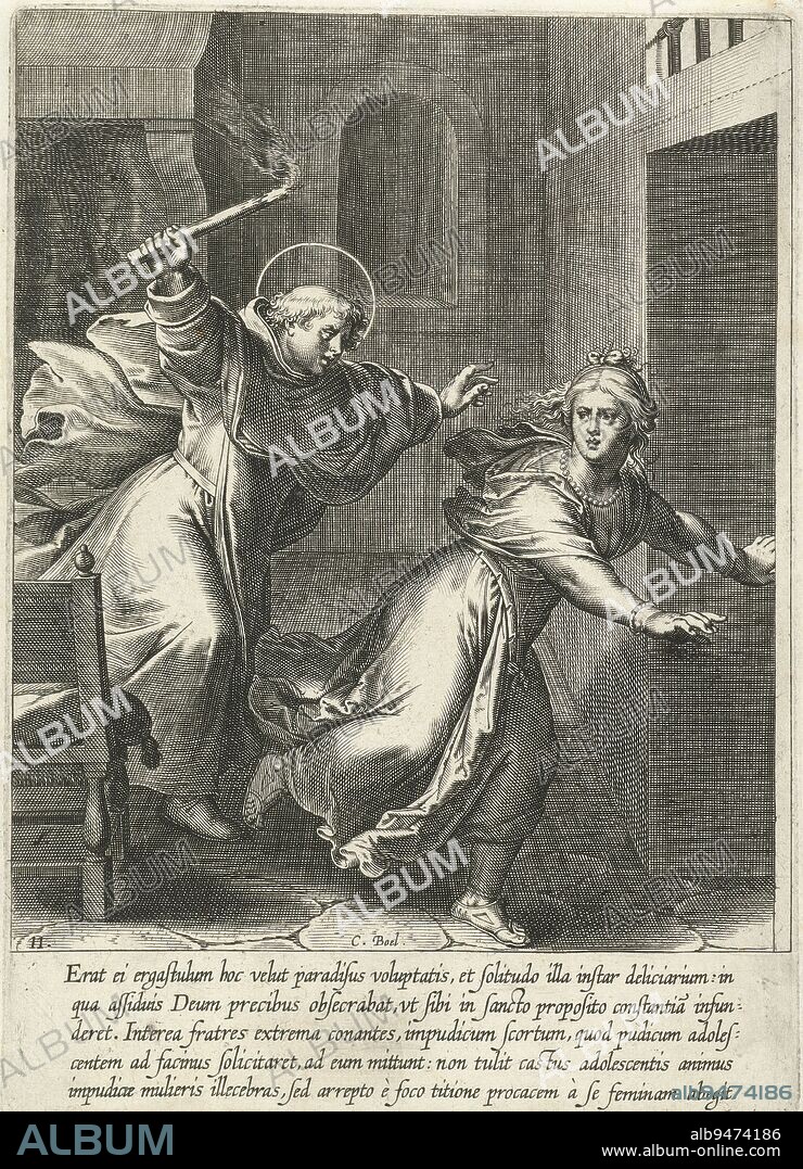 Thomas chases away a woman his brothers have sent to seduce him with a torch. Print from a series of 30 prints depicting the life story of Thomas Aquinas. The prints, designed and published by Otto van Veen, were made by C. Boel, E. van Paenderen, C. Galle and G. Swanenburgh, Thomas chases away temptation The life of St. Thomas Aquinas (series title), print maker: Cornelis Boel, (mentioned on object), intermediary draughtsman: Otto van Veen, publisher: Otto van Veen, print maker: Southern Netherlands, publisher: Antwerp, 1610, paper, engraving, h 207 mm × w 148 mm.
