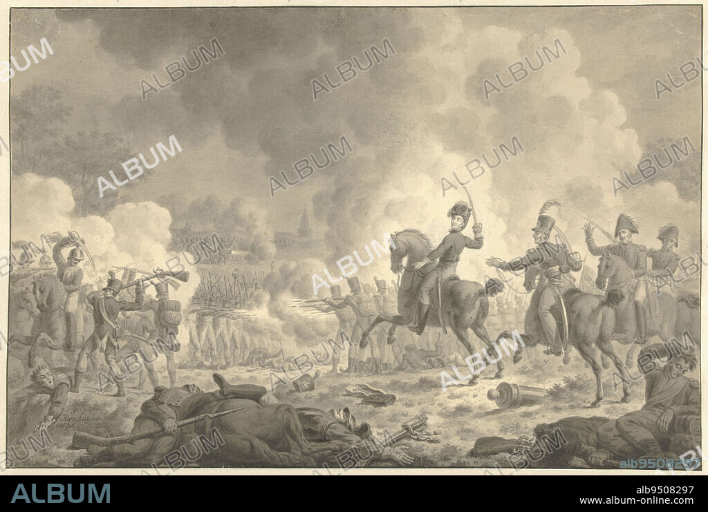 Crown Prince William Frederick George Lodewijk at the Battle of Waterloo and Fleurus, Jan Kamphuijsen, 1815, Crown Prince William Frederick George Lodewijk, later King William II, goes to war on the battlefield at Waterloo on June 18, 1815. In the process, he is wounded in the shoulder by a bullet., draughtsman: Jan Kamphuijsen, (signed by artist), Netherlands, 1815, paper, brush, h 283 mm × w 420 mm.