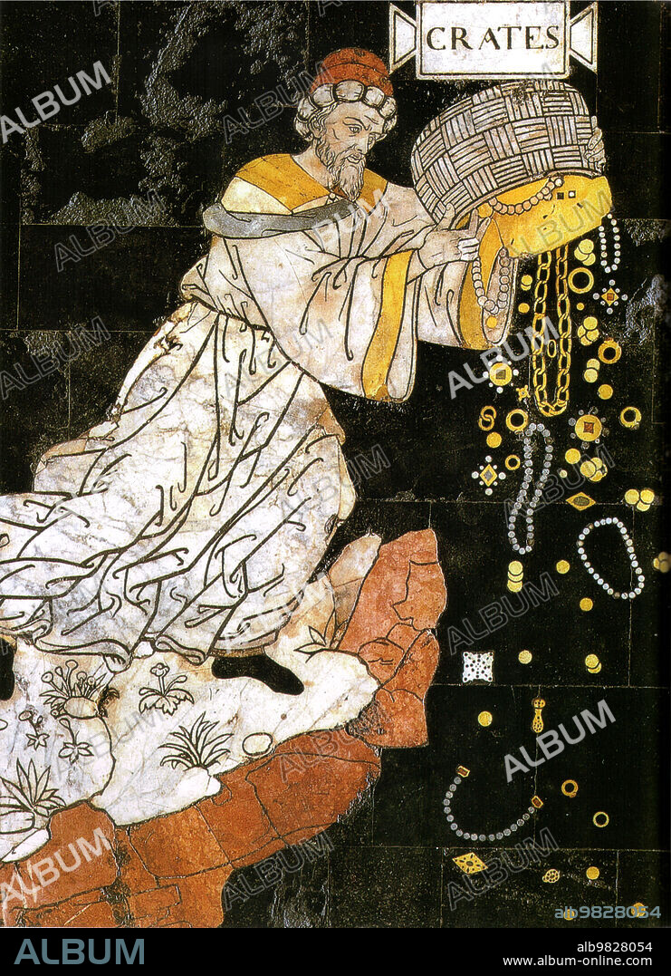 Crates (c. 365 - c. 285 BC) of Thebes was a Greek Cynic philosopher who gave away his money to live a life of poverty on the streets of Athens. He was the teacher of Zeno of Citium, the founder of Stoicism. Late 15th-century marble-inlay mosaic from Siena, Italy.