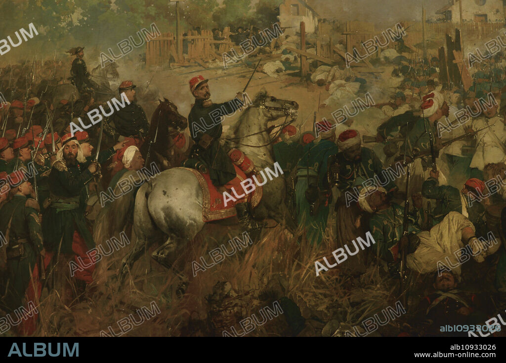 GEROLAMO INDUNO (1825-1890). ITALIAN PAINTER.. Unificación de Italia. Segunda Guerra de la Independencia Italiana. La batalla de Magenta (4 junio de 1859). Las tropas sardo-francesas, al mando de Napoleón III, derrotaron a las austríacas. El general francés Patrice de Mac Mahon (1808-1893) es representado a caballo. Pintura por Gerolamo Induno (1825-1890). Oleo sobre lienzo, 1861. Detalle. Museo del Risorgimento. Milán, Italia. (En depósito, MIBAC Soprintendenza Belle Arti e Paesaggio, Milán).