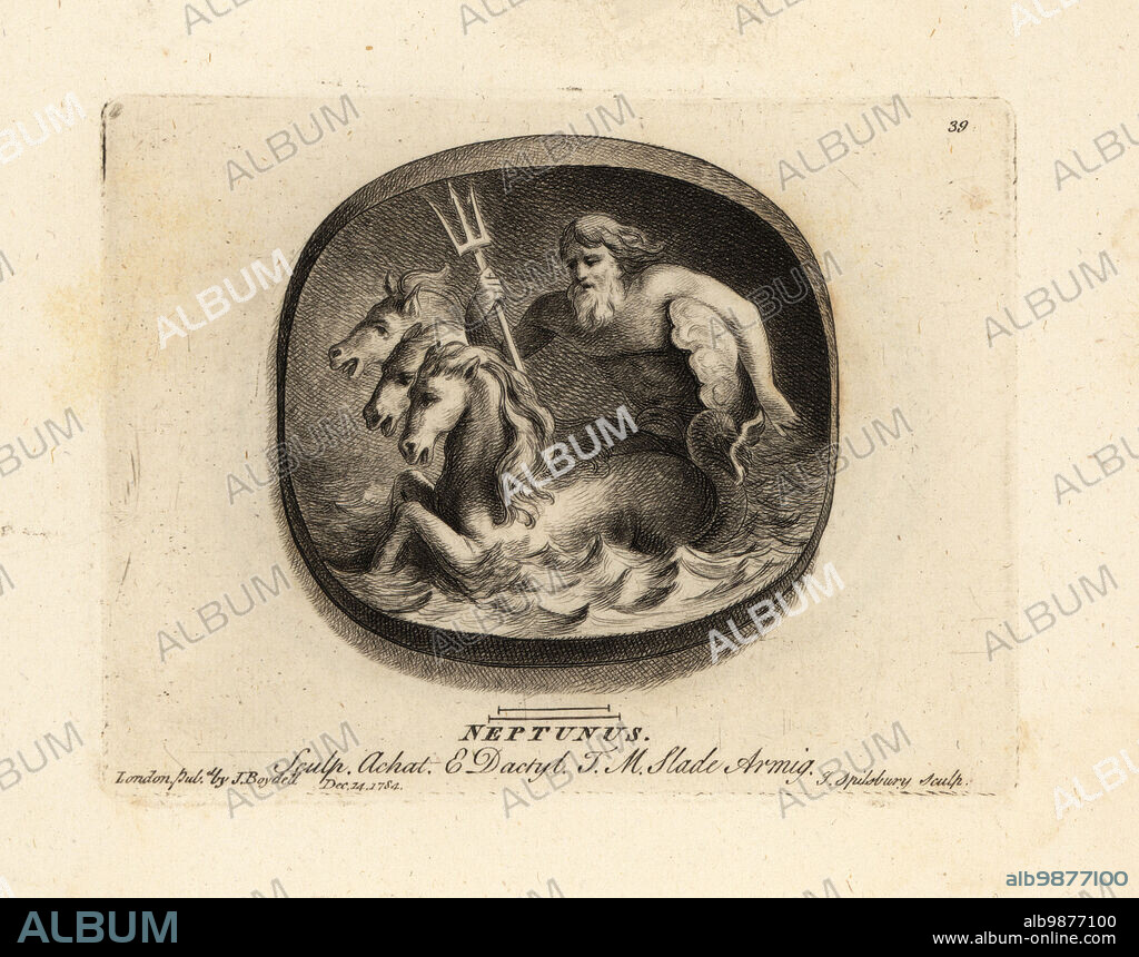 Neptune, Roman god of rivers and the sea, holding a trident and riding a chariot drawn by seahorses. Neptunus. Engraved on agate and dactylotheca from the collection of Algernon Percy, First Earl of Beverley. Mezzotint copperplate engraving by John Spilsbury from his Collection of Fifty Prints from Antique Gems, John Boydell, London, 1785.