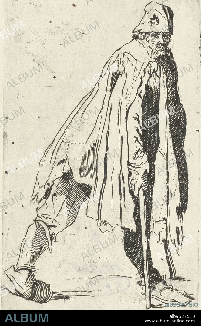 Man, dressed in rags, seen on the right, walking with the aid of two crutches. This print is part of a series of 25 (?) prints depicting beggars and vagrants, as Callot probably saw them in Italy, Beggar with crutches, seen on the right side Les Gueux, Les Mendiants, Les Baroni, Les Barons Beggars , Jacques Callot, print maker: anonymous, France, (possibly), 1622 - 1670, paper, etching, h 142 mm × w 84 mm.