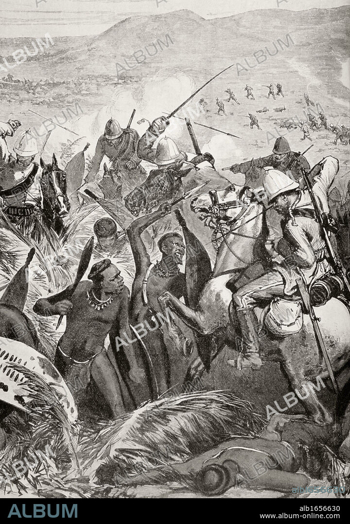 English and Zulus clash at the Battle of Ulundi during the Anglo-Zulu War of 1879. From Afrika, dets Opdagelse, Erobring og Kolonisation, published in Copenhagen, 1901.