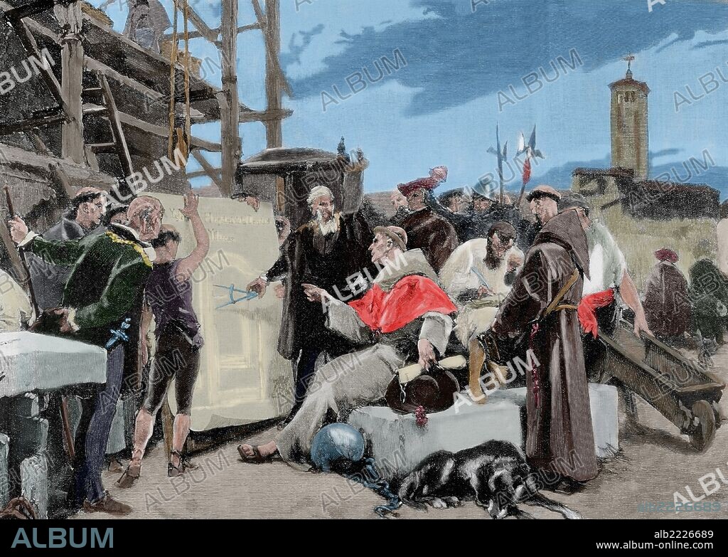 Francisco Jimenez de Cisneros (1436-1517). Cardenal, arzobispo de Toledo y primado de España, perteneciente a la Orden Franciscana. Tercer inquisidor general de Castilla y regente de la misma a la muerte de Fernando el Católico. "Cisneros fundador del Hospital de Illescas". Boceto del cuadro de Alejandro Ferrant. Grabado por Rico. "La Ilustración Española y Americana", 1889. Coloreado.