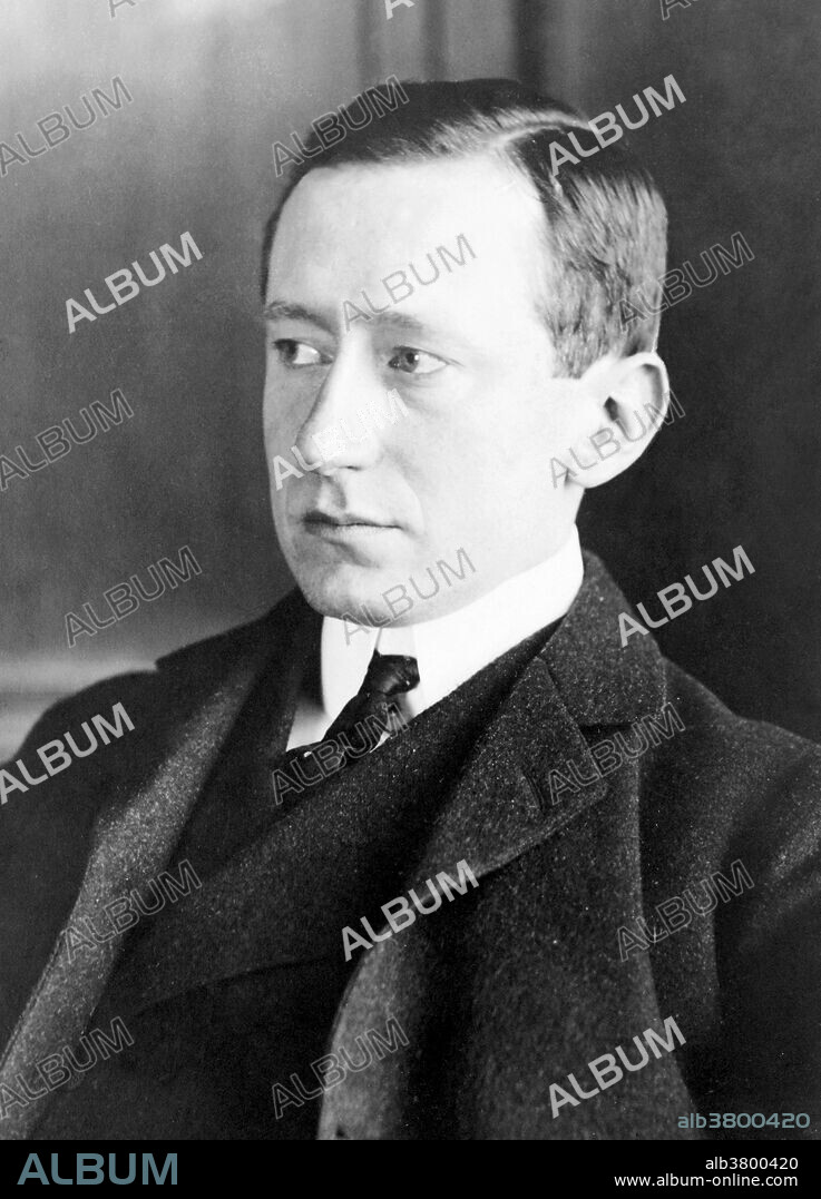 Editorial use only . Guglielmo Marconi (1874-1937), Italian physicist and inventor of the radio. Marconi patented his radio system in Britain, established the Marconi's Wireless Telegraph Company in London in 1897. In 1899 he made the first transmission across the English Channel and, in 1901, the first trans-Atlantic transmission. In 1909 he won the Nobel Prize in Physics. He later developed short-wave radio and established a global radio telegraph network.