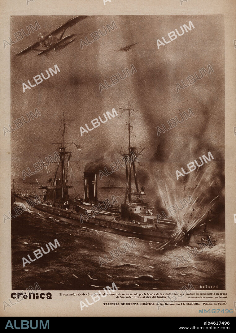 España. Guerra civil (1936-1939). Hundimiento del acorazado España por la aviación republicana en aguas de Santander. Dibujo de Esteban publicado en la revista Crónica, de Madrid, del 9 de mayo de 1937.