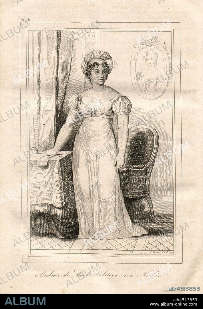 Madame de Staël-Holstein (née Necker), Portrait of the French writer Anne Louise Germaine de Staël, to p. 338, Massard (del. et. scupt.), 1835, Alexandre Martin: La Suisse pittoresque et ses environs. Tableau général, descriptif, historique et statistique des 22 cantons, de la Savoie, d'une partie du Piémont et du pays de Bade. Paris: Hippolyte Souverain, 1835.