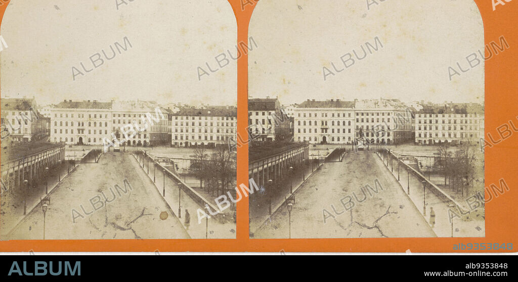 View of Gustav Adolfs torg and the bridge at Norrbro, seen from Stockholm Castle, Stockholm, View from the Palace of the Bridge (title on object), anonymous, Stockholm, 1868 - 1880, cardboard, paper, albumen print, height 86 mm × width 177 mm.