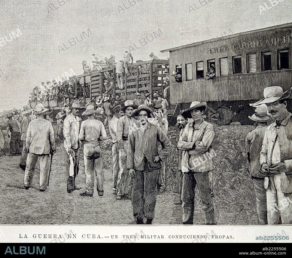 GUERRA DE CUBA 1868 - 1898. NOMBRE GENERICO CON EL QUE SE CONOCE LAS TRES GUERRAS POR LA INDEPENDENCIA DE CUBA DE ESPAÑA. " TREN MILITAR CONDUCIENDO TROPAS , 1898 ". GRABADO DE LA ILUSTRACION ESPAÑOLA Y AMERICANA.