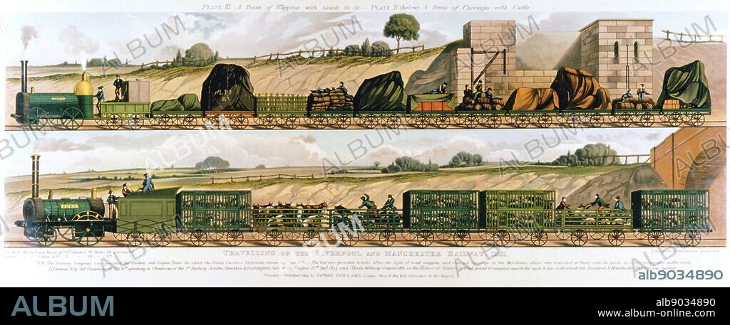 Travelling on the Liverpool and Manchester Railway 1831. Top: Goods train drawn by locomotive 'Liverpool'. Bottom: Cattle train drawn by locomotive 'Fury'. The world's first passenger railway, the Liverpool and Manchester opened 15 September 1830: Principal engineer George Stephenson. Lithograph.