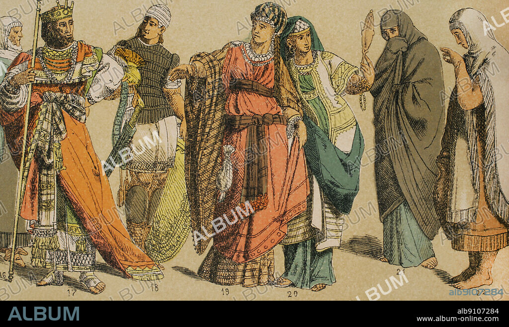 Hebreos. De izquierda a derecha; 17: traje de ricos en tiempos de David y Salomón, 18: traje de guerrero, 19-20: trajes de señora principal, 21: mujer hebrea con traje de calle, 22: traje mezclado asirio-hebreo. Cromolitografía. "Historia Universal", por César Cantú. Tomo I, 1881.
