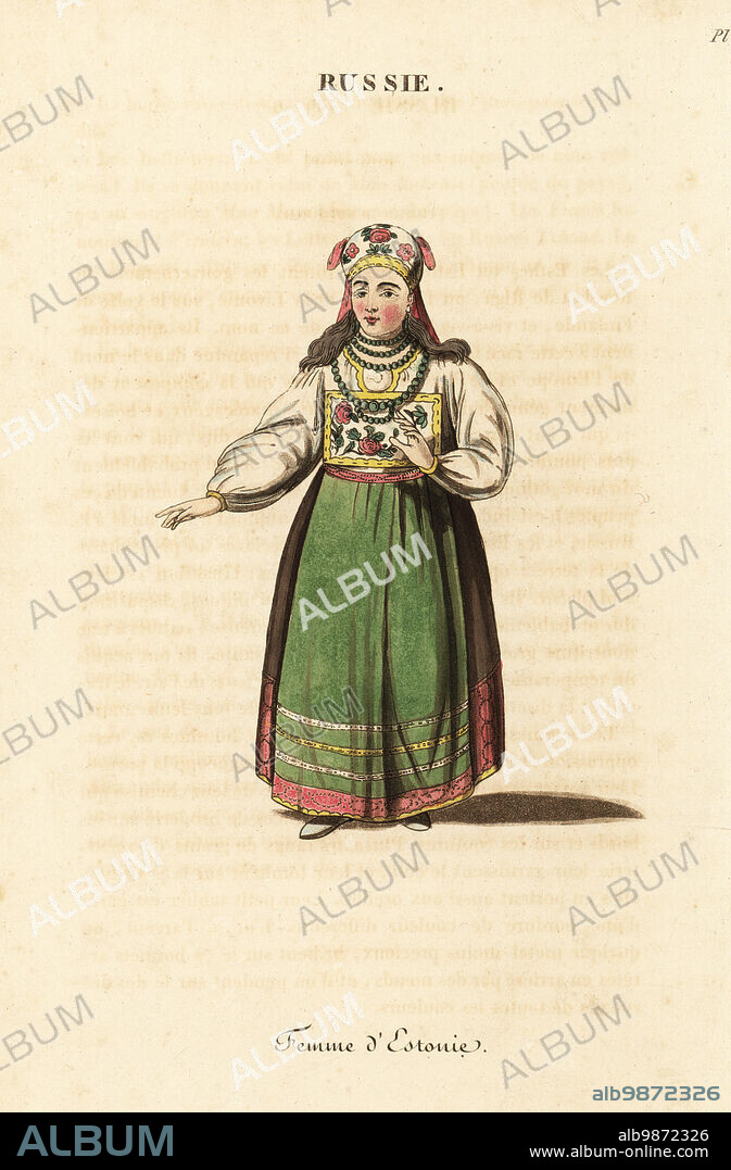 Married woman of Estonia, 18th century. She wears a hat painted with flowers, white shift, painted corset, bordered apron and petticoats, earrings and necklace of glass beads. Femme d'Estonie. Handcoloured copperplate engraving after an illustration by Johann Gottlieb Georgi from J-B. Eyries La Russie: Costumes, Moeurs et Usages des Russes, Russia: Costumes, Manners and Mores of the Russians, Librairie de Gide Fils, Paris, 1823. Jean-Baptiste Eyries (1767-1846) was a French geographer, author and translator.