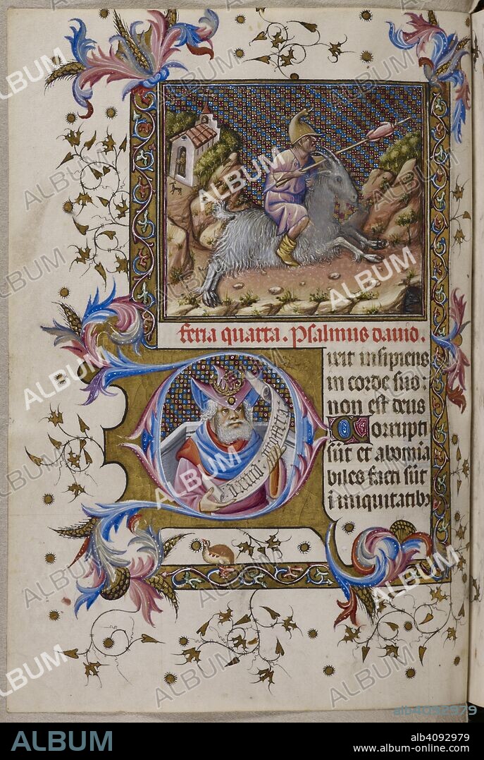A fool riding a goat, and holding a stick (or a spit) skewering a chicken. Below,  initial 'D'(ixit) of David (Psalm 52). Psalter and Hours, Dominican use (the 'Prayerbook of Alphonso V of Aragon). 1436-1443. Source: Add. 28962, f.136v.