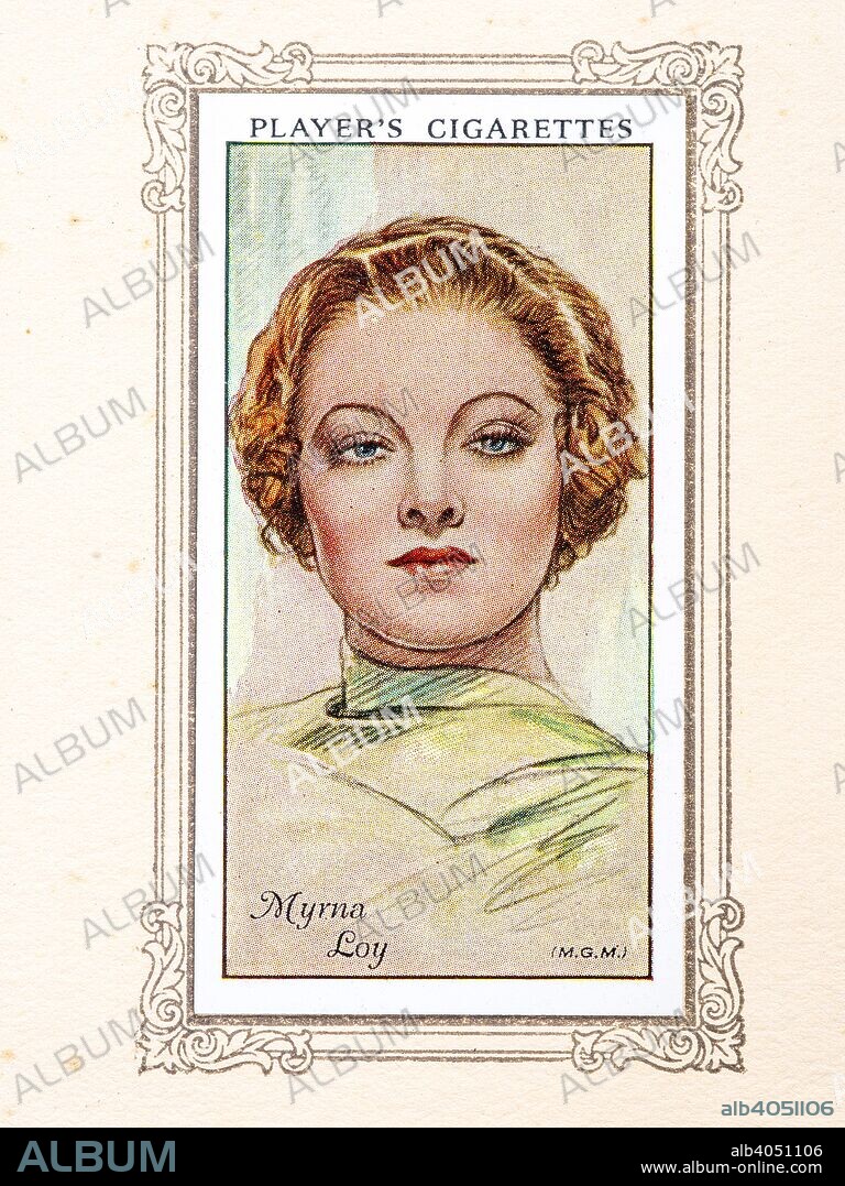 Myrna Loy, 1934. Myrna Loy (born Myrna Adele Williams; August 2, 1905 - December 14, 1993) was an American film, television and stage actress. From An Album of Film Stars; Second Series issued by John Player & Sons. [Imperial Tobacco & Co Ltd, 1934].