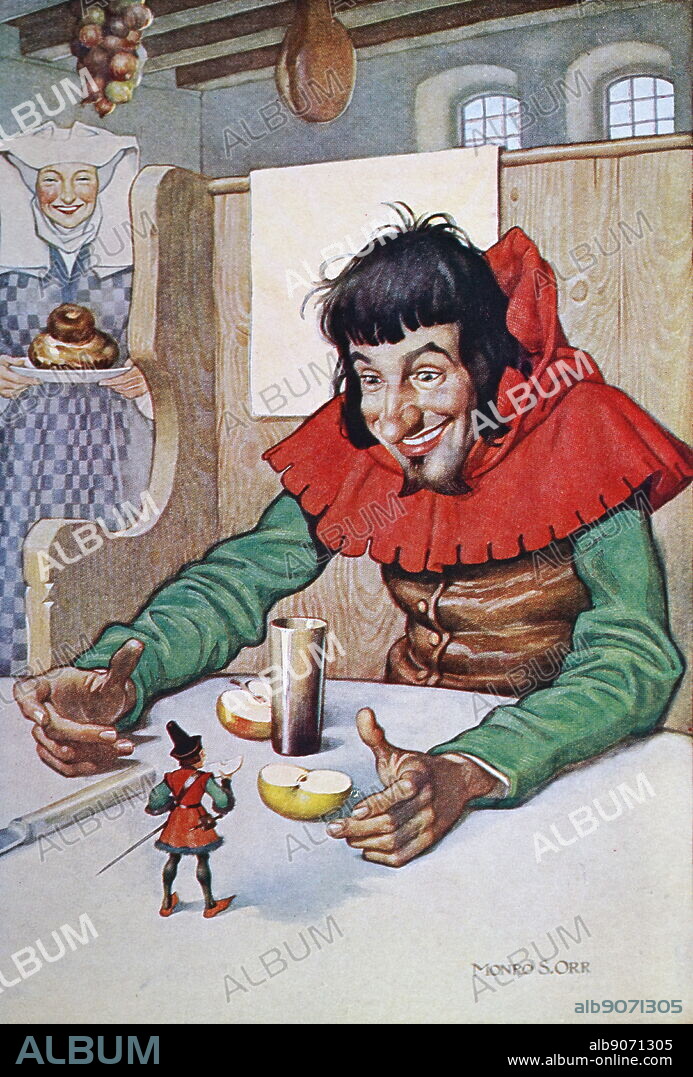 Illustration showing Fairy Tale by the Brothers GRIMM Tom Thumb. The poor woodman and his wife, childless for many years, take delight in their son Thom Thumb, even though he is so small.
