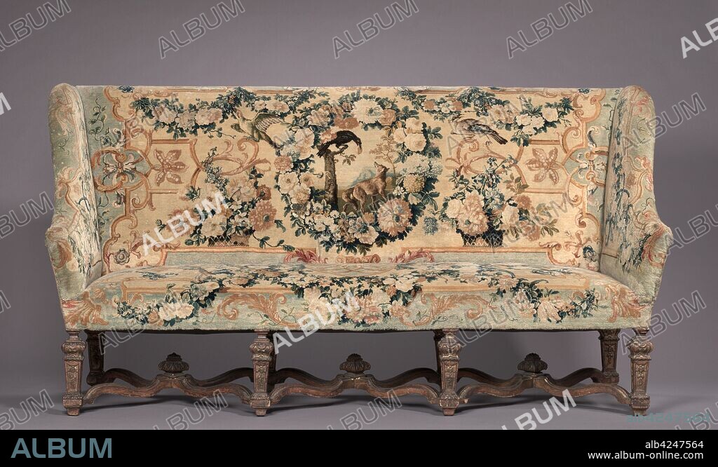 Settee, before 1717. Royal Savonnerie Manufactory, Chaillot Workshops (French, est. 1627). Carved wood, Savonnerie knotted-pile (symmetrical rug knot) upholstery; wool, hemp ; overall: 120 x 201.3 x 55.9 cm (47 1/4 x 79 1/4 x 22 in.).