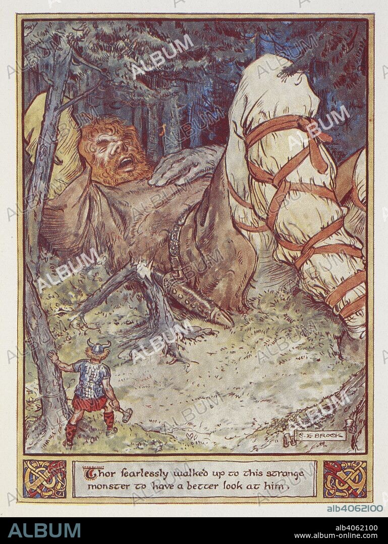 CHARLES EDMUND BROCK and ANNIE KEARY. Thor fearlessly walked up to this strange monster to have a better look at him.'  Thor and the Giant Skrymir. The Heroes of Asgard ... Illustrated ... by C. E. Brock. London : Macmillan & Co., 1930. Source: 012403.g.7 opposite page 62.