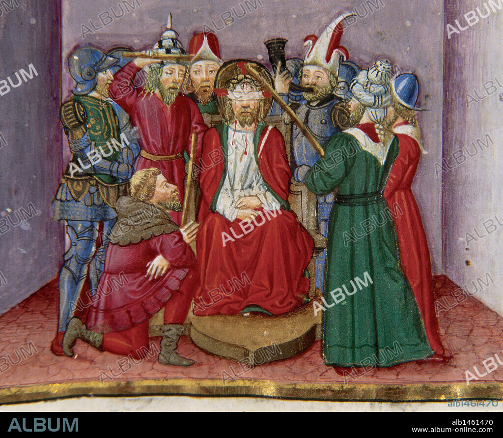 Jesus is tortured and mocked by the soldiers. Codex of Predis (1476). Royal Library. Turin. Italy.