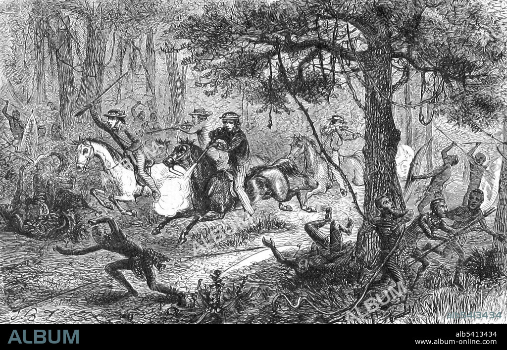 The establishment of the South African Republic had its origins in 1837 when the commandos of Potgieter and Piet Uys defeated a Matabele raiding party of Moselekatse and drove them back over the Limpopo river. Potgieter declared the lands north and south of the Vaal river as Boer lands. The Northern Ndebele were historically referred to as the Matabele. Their history began when a Zulu chiefdom split from King Shaka in the early 19th century under the leadership of Mzilikazi, a former chief in his kingdom and ally. Image taken from page 45: Among the Zulus; the adventures of Hans Sterk by Alfred Wicks Drayson with illustrations by John Baptist Zwecker, 1879.