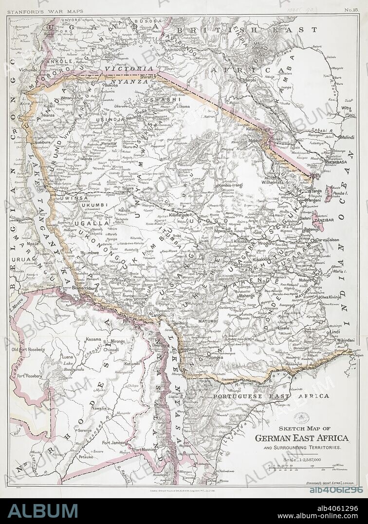 First World War sketch map of German East Africa, 1916. Stanford's War Maps. No. 14. Sketch map of German East Africa and surrounding territories. Scale, 1 : 2,587,000. 27 January 1916. Source: Maps.1035.(90) no.15.