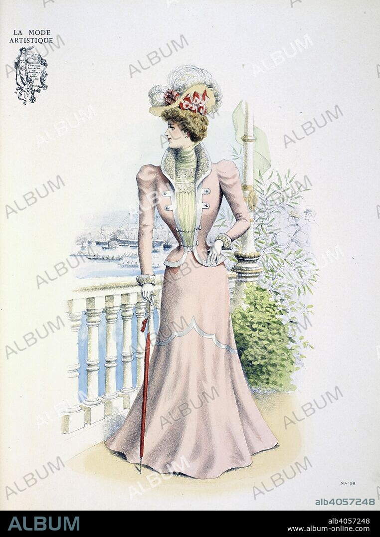 Design by Paquin for the Duchess de M... A yachting costume designed by Redfern. The bodice and lower garment are coloured pink. The vest is of white pleated lawn. The hat is decorated with large white feathers and red/white bow. . The Powder Puff [An English edition of "La Mode artistique".; 1898]. (London, England : 1898). Source: The Powder Puff July plate 198.