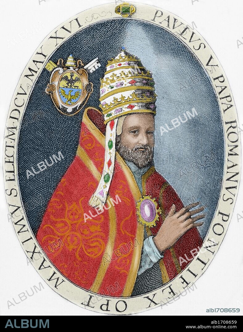 PAULO V (Roma,1552-Roma,1621). Papa italiano (1605-21), de nombre Camillo Borghese. Insigne por su vida y su piedad, no estuvo exento de nepotismo. Mantuvo la paz en los Estados Pontificios y promovió el progreso, aunque no la necesaria reforma económica. Sostener los derechos de la Iglesia le llevó al conflicto con Venecia (1606). Grabado por Crispín de Passe. Coloreado.