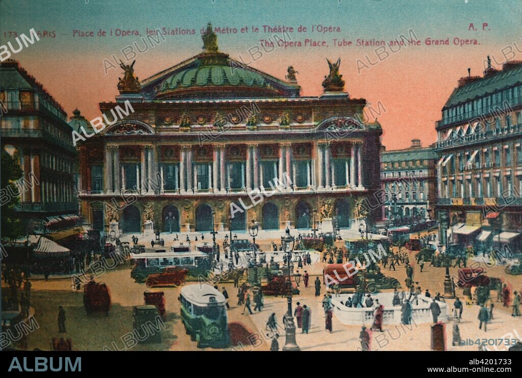 The Place de l'Opéra, Metro Station and L'Opéra Garnier (the Palais Garnier opera house), Paris, c1920. From Paris - 48 Vues, a booklet of detachable postcard views. [A Papeghin, Paris, c1920].