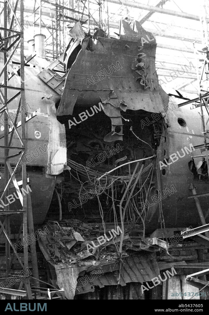Royal Navy At Kiel - Uncompleted U-boats found in the Blohm and Voss Shipyard, Hamburg have been reduced to scrap by Royal Navy Demolition parties. July 1, 1946. (Photo by United Kingdom Information Office).;Royal Navy At Kiel - Uncompleted U-boats found in the Blohm and Voss Shipyard, Hamburg have been reduced to scrap by Royal Navy Demolition parties.