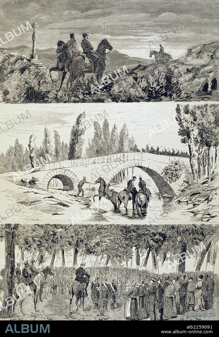 GUERRA CARLISTA. TERCERA GUERRA CARLISTA. ( 1872 - 1876 ). REINADO DE ALFONSO XII. " ESCENA EN SALVATIERRA , ARMENTIA ,Y ALAVA , AÑO 1875 ". GRABADO DE LA ILUSTRACION ESPAÑOLA Y AMERICANA.