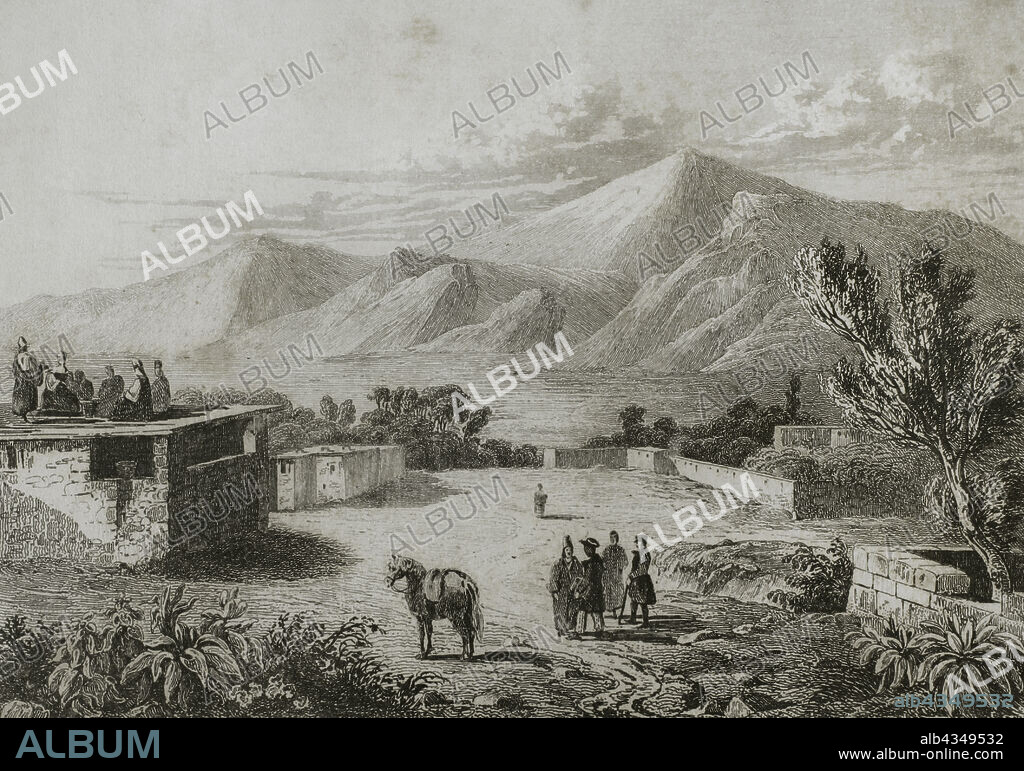Armenia. Mount Ararat. View of the two peaks that form the massif, Little Ararat and Greater Ararat, from the Tatar settlement of Sirbaghan. Engraving drawn by Danvin. Lemaitre direxit. "Panorama Universal. Historia de Armenia", 1838.
