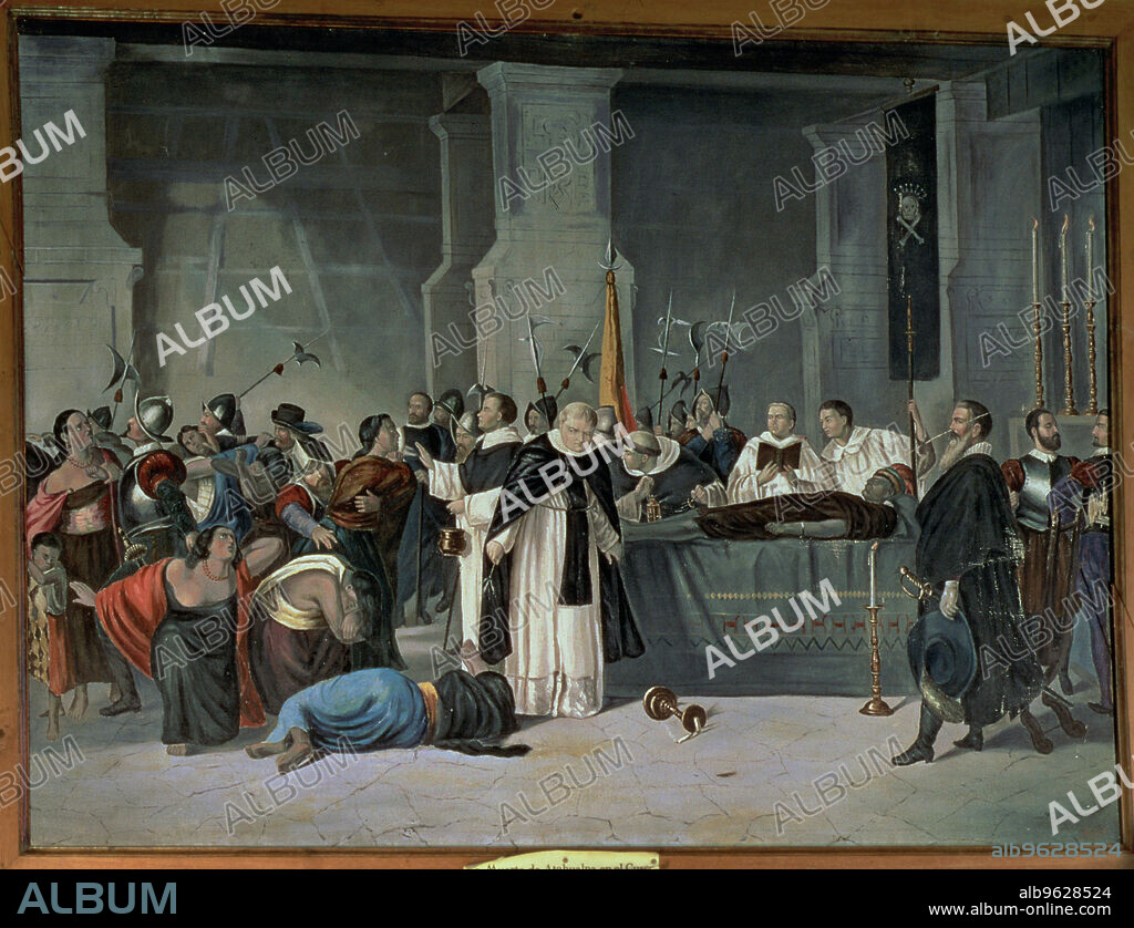 Funeral rites for Inca Atahualpa in the city of Cajamarca, Francisco Pizarro attended in mourning dress, 19th century oil painting.