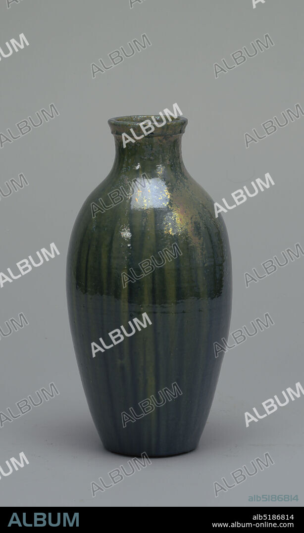 Vase, Mary Chase Perry, Pewabic Pottery, Glazed earthenware, Buff clay body, thrown. Ovoid body with incurving neck and molded rim; no foot. Allover thick blue-green high glaze with striations of yellow-green. Gold and purple luster iridescence at shoulder and neck. Interior glazed. Slight clazing to glaze. Glaze very thick on bottom., Detroit, Michigan, USA, 190915, ceramics, Decorative Arts, Vase.