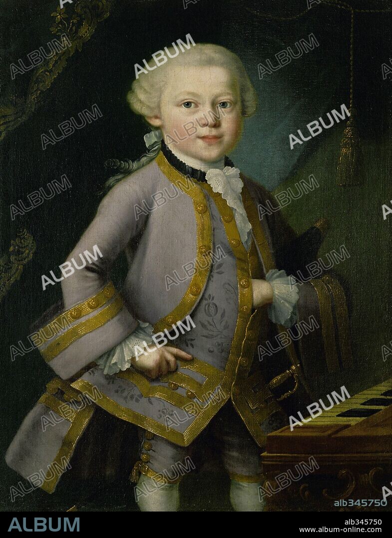 Pietro Antonio Lorenzoni / 'Wolfgang Amadeus Mozart as young boy in the court costum', 1767 , Oil on canvas.