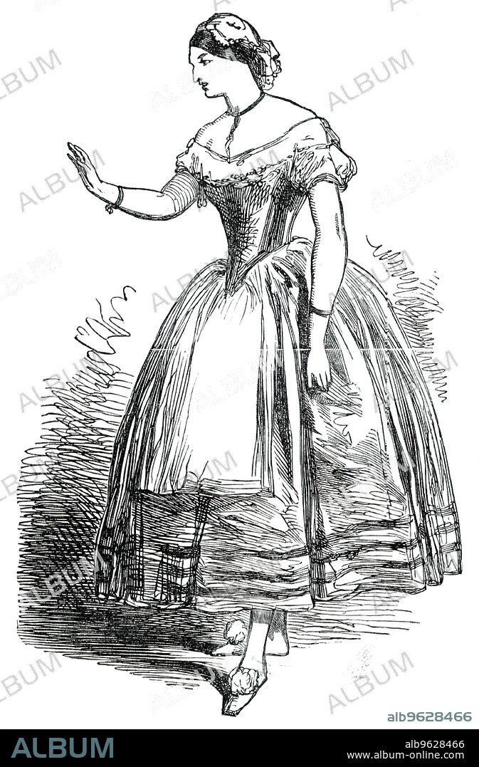 Madame Frezzolini, 1850. Italian opera singer, who '...has a voice of the highest soprano quality. She possesses great musical science as well as great enthusiasm, and, for the expression of passion, she is without a superior on the stage...Her magnificent Roman countenance and disinvoltura, her splendid stage figure, and the elegance and dignity of her dramatic bearing, complete her qualifications for the highest position on the stage...in 1847, she was tempted by an enormous salary to St. Petersburgh, whose cold, unchanging, but bracing climate she found of the greatest benefit...her success was greater than that of any singer who had previously visited that capital. She has been re-engaged there for three successive seasons; and the Emperor and Empress...have loaded her with kindness and magnificent presents..'. From "Illustrated London News", 1850.