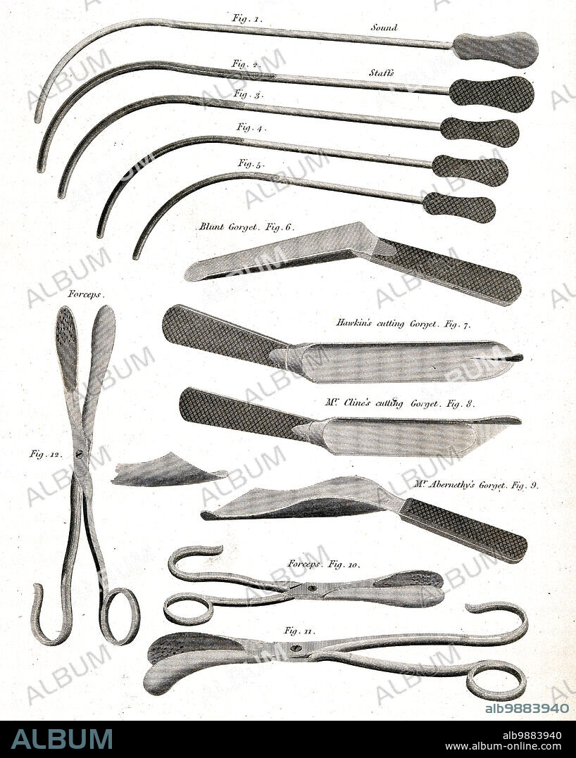 Medicine, anatomy, surgery, surgery. Instruments for lithotomy, including the cutting ring of Mr. Cline, Henry Cline (1750-1827) was an English surgeon and president of the Royal College of Surgeons, c. 1790, Historical, digitally restored reproduction from a 19th century original.