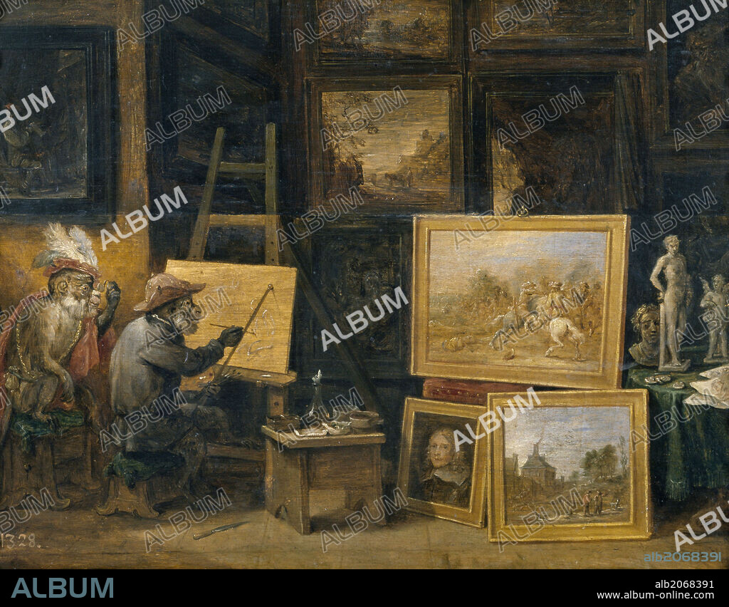 DAVID TENIERS DER ÄLTERE. David Teniers / 'The Monkey Painter', ca. 1660, Flemish School, Oil on panel, 24 cm x 32 cm, P01805.