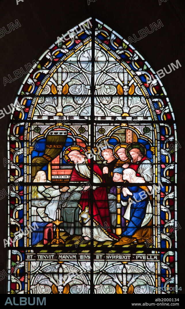 England, Salisbury, Salisbury Cathedral, Stained Glass Window. A stained glass window, depicting a scene from "Expositio in Matthaeum", a commentary on the Gospel of Matthew. It was written by Hrabanus Maurus, the abbot of Fulda, archbishop of Mainz and also a theological and pedagogical writer.