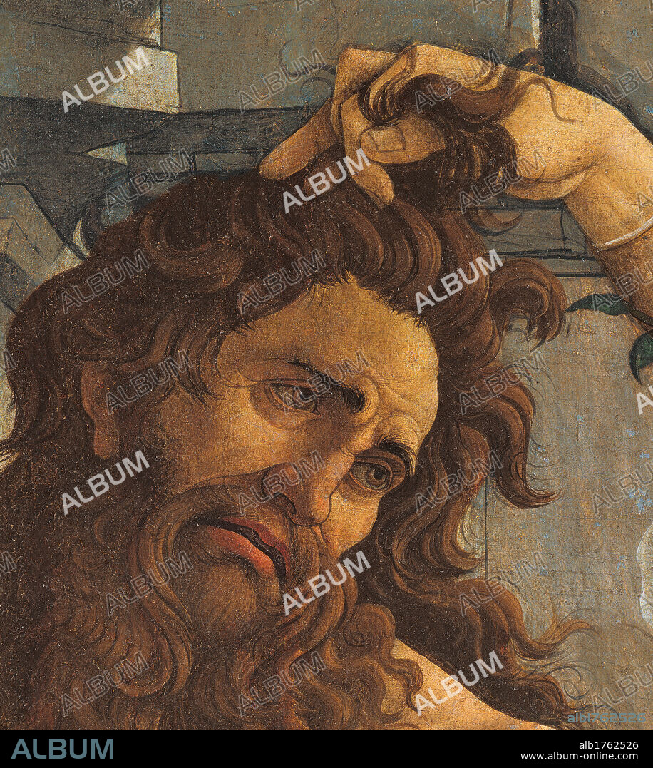 Pallas and the Centaur (Minerva and the Centaur), by Sandro Filipepi Known as Botticelli, 1482-1483 about, 15th Century, tempera on canvas, cm 205 x 147,5. Italy, Tuscany, Florence, Uffizi Gallery. Detail. A womans hand rings seizes lock of hair of the Centaur. Mans face with beard and long hair. Authorization required for non editorial use.