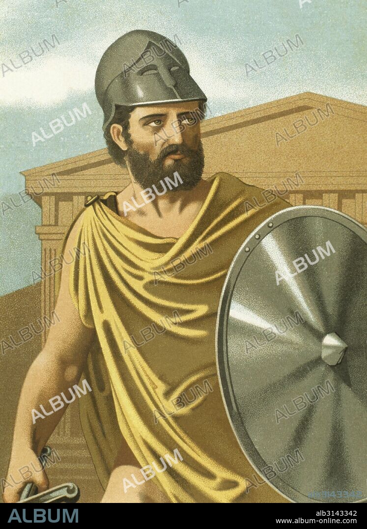 TEMISTOCLES (Atenas, h. -528-Magnesia del Meandro, -462). Político y general ateniense. Participó en la segunda Guerra Médica, siendo decisiva su victoria de Salamina contra los persas en el año 480 a. C. Ilustración de "Personajes Ilustres", año 1875.