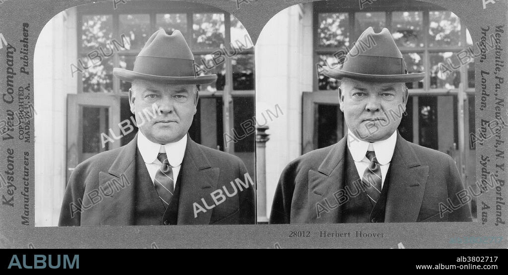 Stereograph of of President Hoover. Herbert Clark Hoover (August 10, 1874 - October 20, 1964) was the 31st President of the United States (1929-1933). Hoover easily won the Republican nomination, despite having no previous elected-office experience. America was prosperous and optimistic at the time, leading to a landslide victory for Hoover over Democrat Al Smith. Hoover, a trained engineer, believed strongly in the Efficiency Movement, the importance of volunteerism and the role of individuals in playing a role in American society and the economy. When the Wall Street Crash of 1929 struck less than eight months after he took office, Hoover tried to combat the ensuing Great Depression with volunteer efforts, public works projects such as the Hoover Dam, and tariffs such as the Smoot-Hawley Tariff. The consensus among historians is that Hoover's defeat in the 1932 election was caused primarily by failure to end the downward economic spiral. As a result of these factors, Hoover is ranked poorly among US Presidents. Hoover died in 1964 following massive internal bleeding at the age of 90. Keystone View Company, 1924.