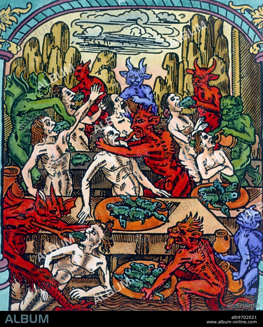 Souls tortured in hell by demons. From the 15th century Le Grant Kalendrier & Compost des Bergiers, avecq leur Astrologie, printed by Nicolas le Rouge of Troyes.-.