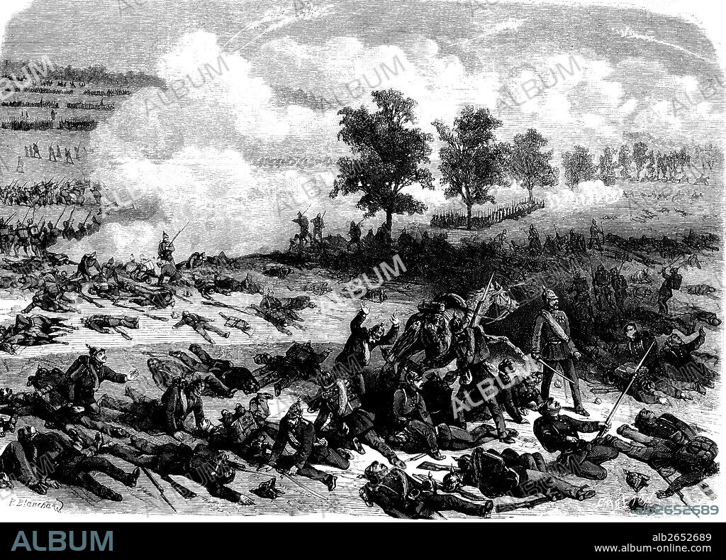 Guerra franco-prusiana de 1870. Batalla de Gravelotte. Efecto de las ametralladores sobre la infantería prusiana. Grabado de 1870.