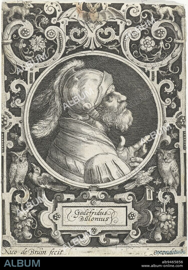 Portrait of Godfrey of Bouillon with helmet and crown of thorns in medallion within rectangular frame with scroll ornaments and birds and a bat, Portrait of Godfrey of Bouillon in medallion within rectangular frame with ornaments Godefridus Bulonius The nine best (series title), print maker: Nicolaes de Bruyn, (mentioned on object), publisher: anonymous, (mentioned on object), Netherlands, 1594, paper, engraving, h 119 mm × w 88 mm.