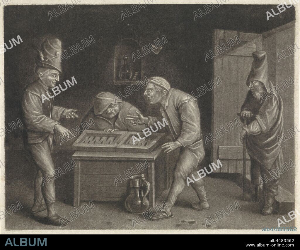 Triktrak players, Interior of an inn with two men playing the tug-of-war and a third watching them huddled. In the doorway stands a man with a wooden leg, backgammon, tric-trac, hotel, hostelry, inn, crippled, Jan van der Bruggen, 1659 - 1740, paper, h 178 mm × w 230 mm.