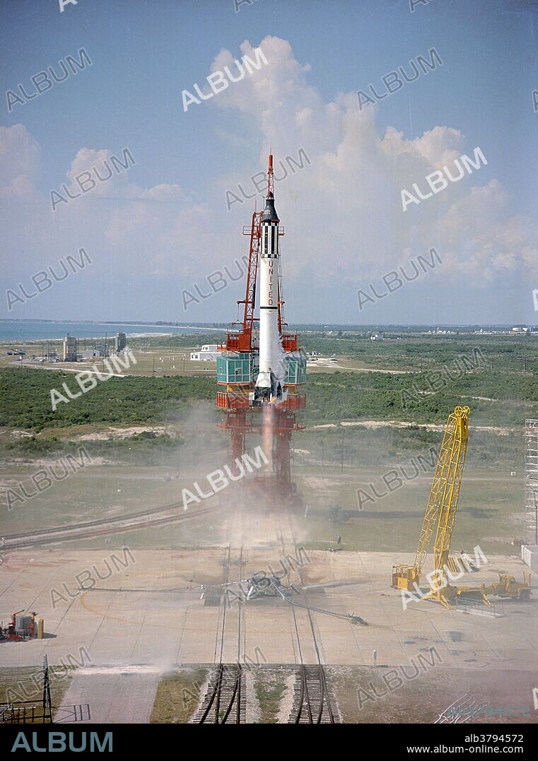 Launch of Freedom 7, the first American manned suborbital space flight. With Astronaut Alan Shepard aboard, the Mercury-Redstone (MR-3) rocket is launched from Pad 5.