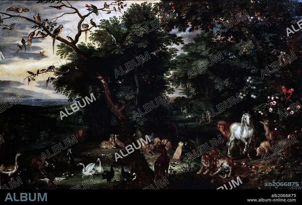 JAN BRUEGHEL EL VIEJO. 'La tentación en el Jardín del Edén', hacia 1600, Óleo sobre lienzo.