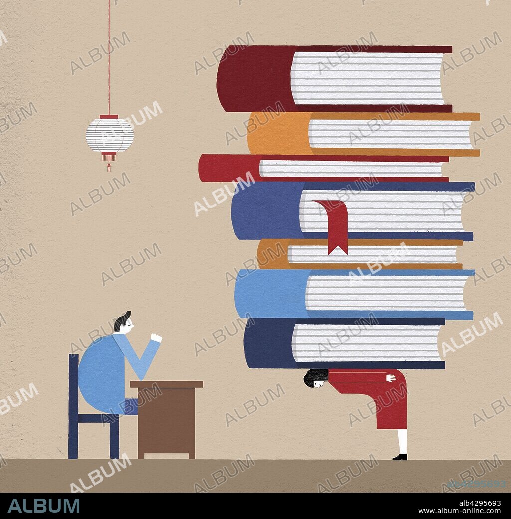University student bending over carrying large pile of books on back to teacher sitting at desk.