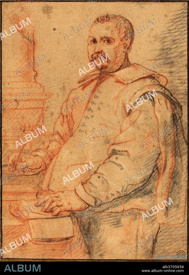 FLEMISH 17TH CENTURY. A Scholar Writing. Dimensions: sheet: 20.1 x 14.6 cm (7 15/16 x 5 3/4 in.). Medium: red and graphite on tan laid paper.