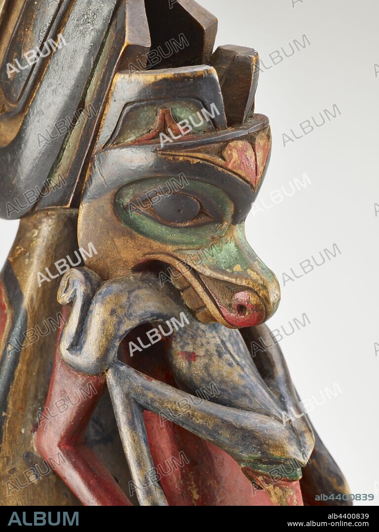 ritual dance rattle in the form of a raven, Kaigani Haida people, 1850-1885, wood, pigment, 13 x 3-7/8 x 5 in. (installed) A) clapper with birds and frog: 13 x 3-7/8 x 3-1/4 in. B) clapper with low-relief face: 8-3/8 x 3-1/8 x 1-3/4 in., Native Arts of the Americas.