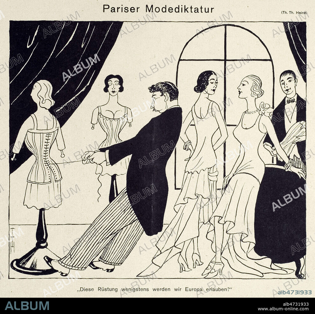 'La dictature de la mode parisienne. Nous permettrons au moins cet armement la' : un couturier ajuste un corset tandis que deux mannequins discutent. Pariser Modediktatur : " Die Rustung wenigstens werden wir Europa eriauben " Illustration de HEINE (1867-1948) pour Simplicissimus du 28 octobre 1928 Credit Coll. Dixmier/KHARBINE-TAPABOR.